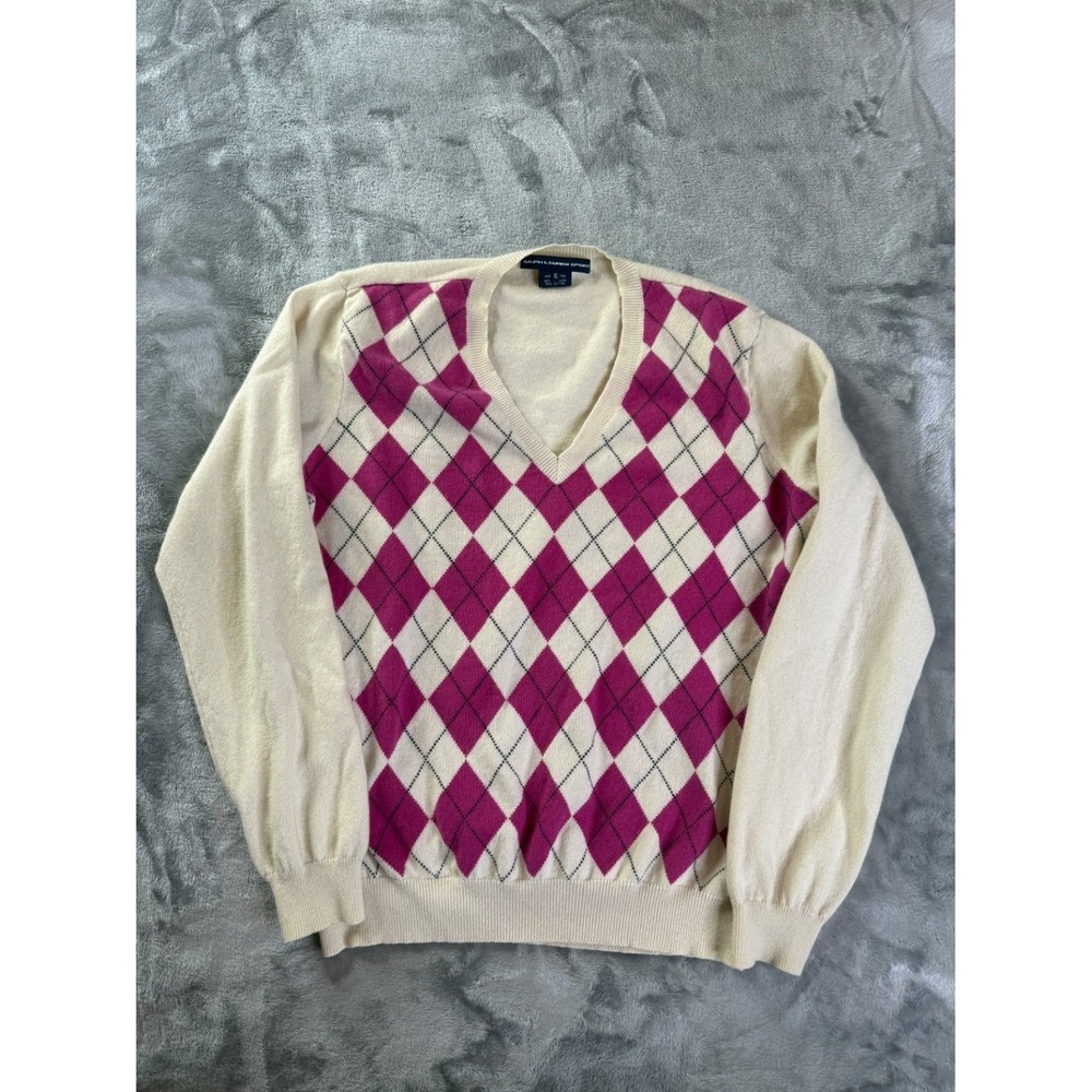 Ralph Lauren Sport Sweater Womens XL Argyle Ivory Cream V-Neck Cashmere Pink